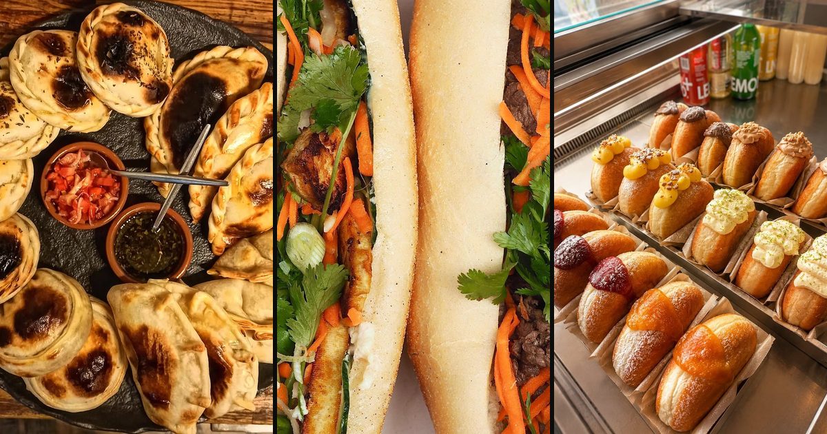 Empanadas, a bánh mì and filled doughnuts, from three of the neighbourhood’s street food spots