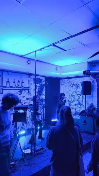 Un concert aux 9 salopards, sous une lumière bleue, le public debout tout près des musiciens